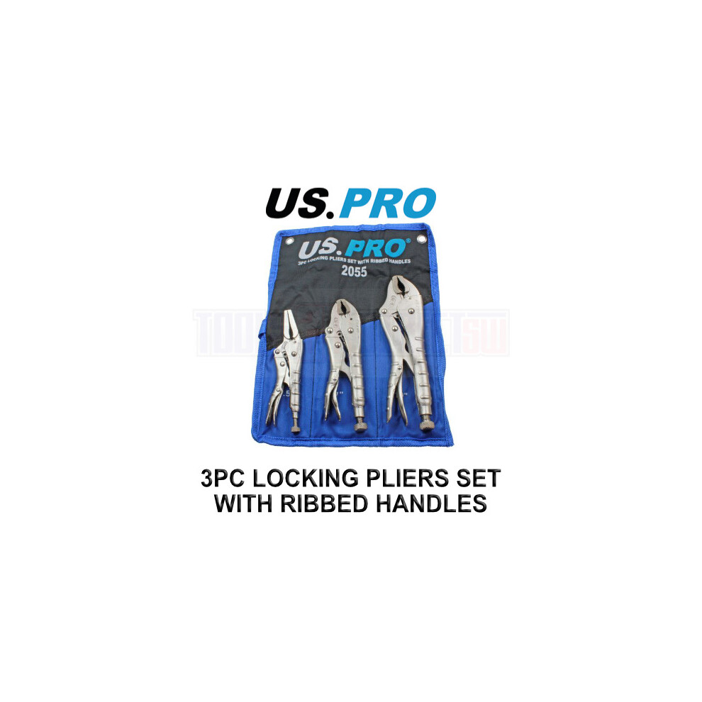 US PRO Tools 3pc Locking Pliers Set With Ribbed Handles 6", 7", 10" Mole Grips 2055