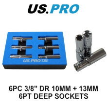 US PRO Tools 6pc 3/8" dr 10mm & 13mm 6pt Deep Sockets 3381