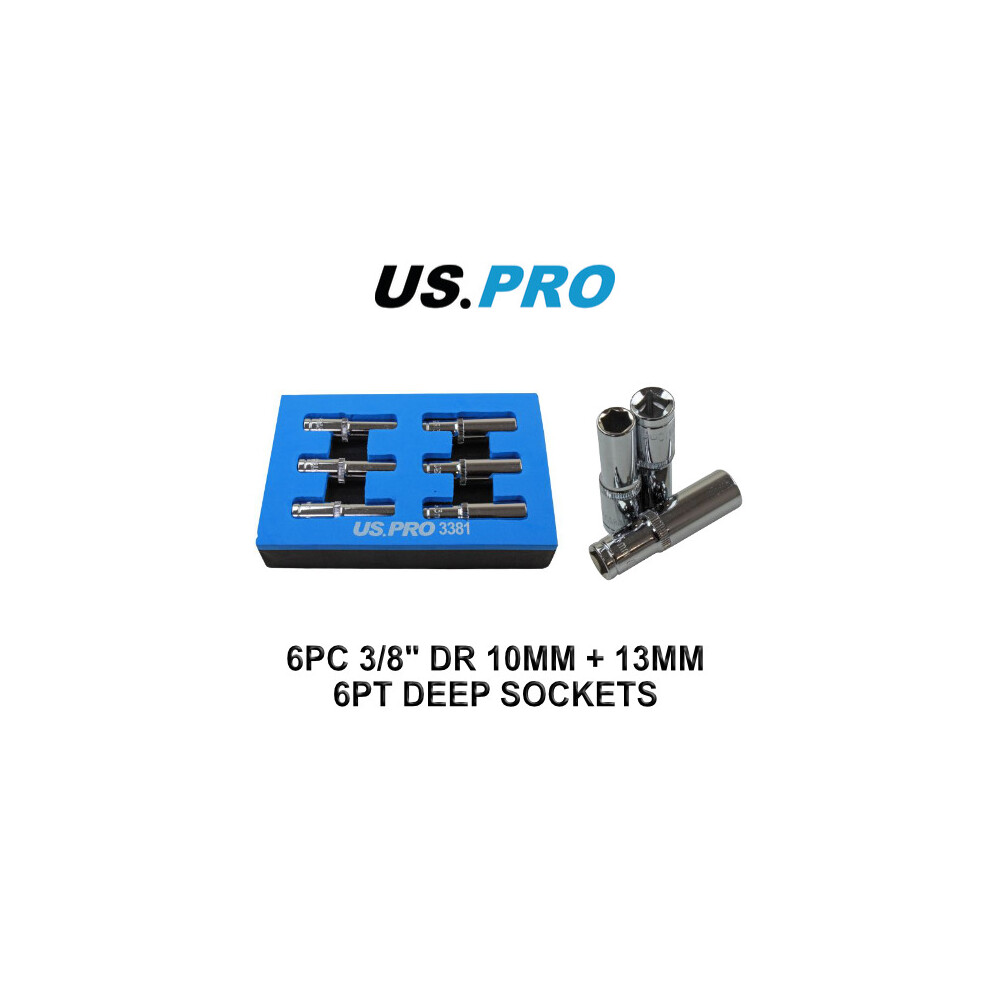 US PRO Tools 6pc 3/8" dr 10mm & 13mm 6pt Deep Sockets 3381