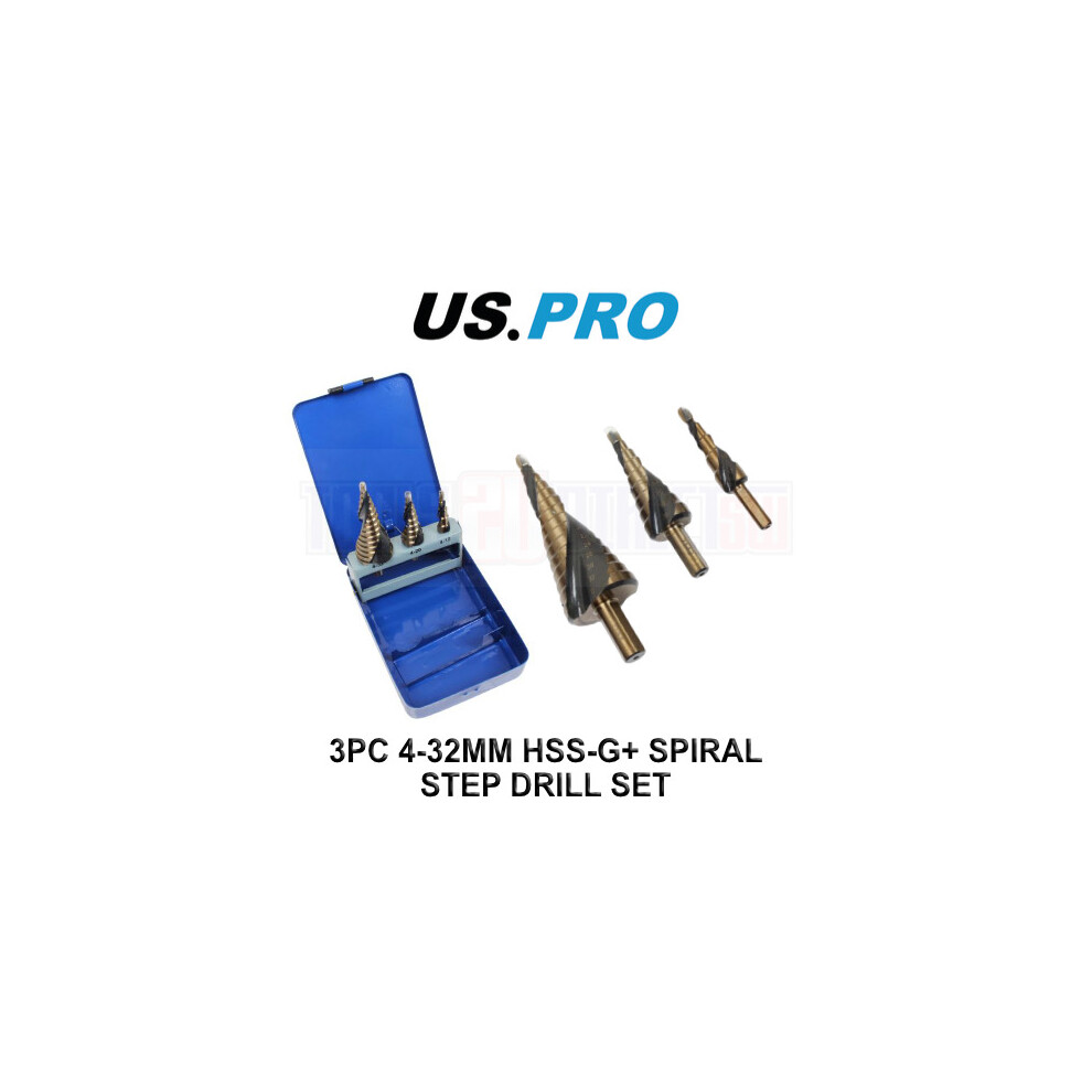 US PRO Tools 3pc Hss-G+ Spiral Step Drill Set Split Point 4 - 32mm 7142-image-OPC-P9WFNWP-NEW