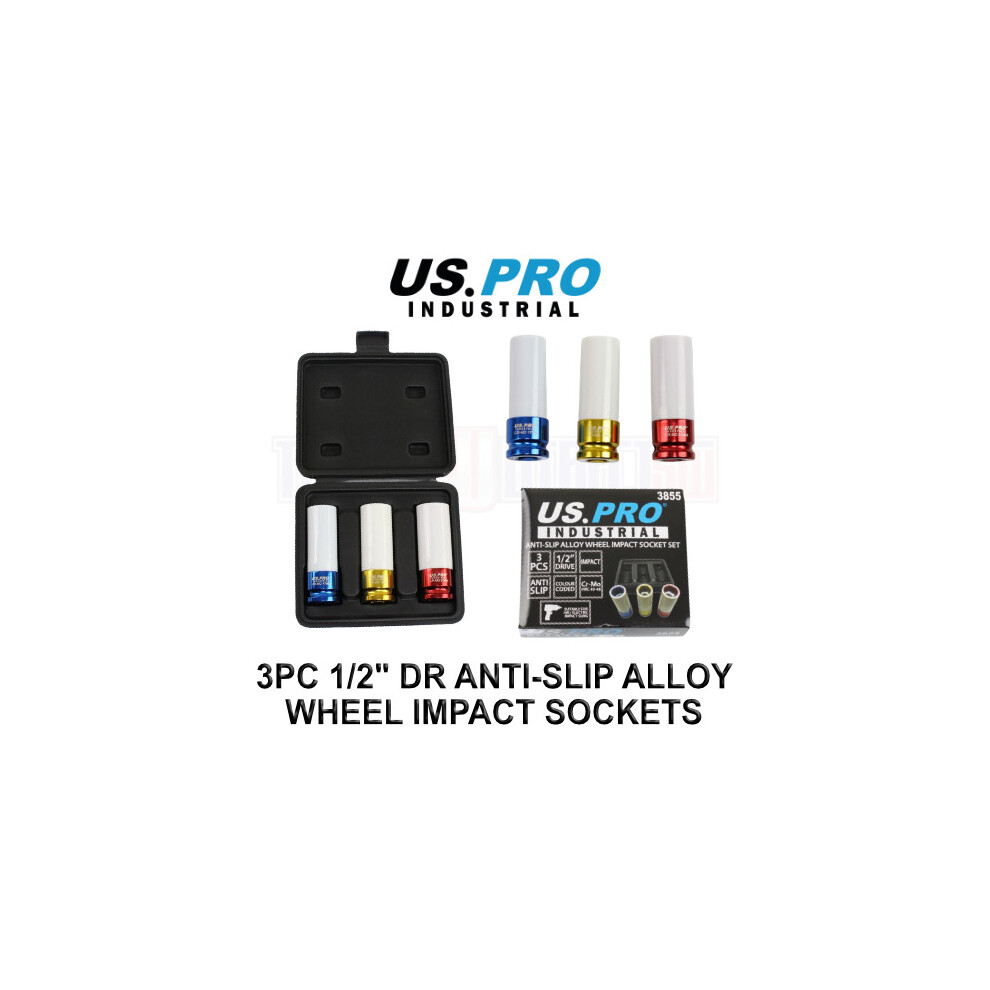 US PRO INDUSTRIAL 3PC 1/2" DR Anti-slip Alloy Wheel Impact Socket Set 3855