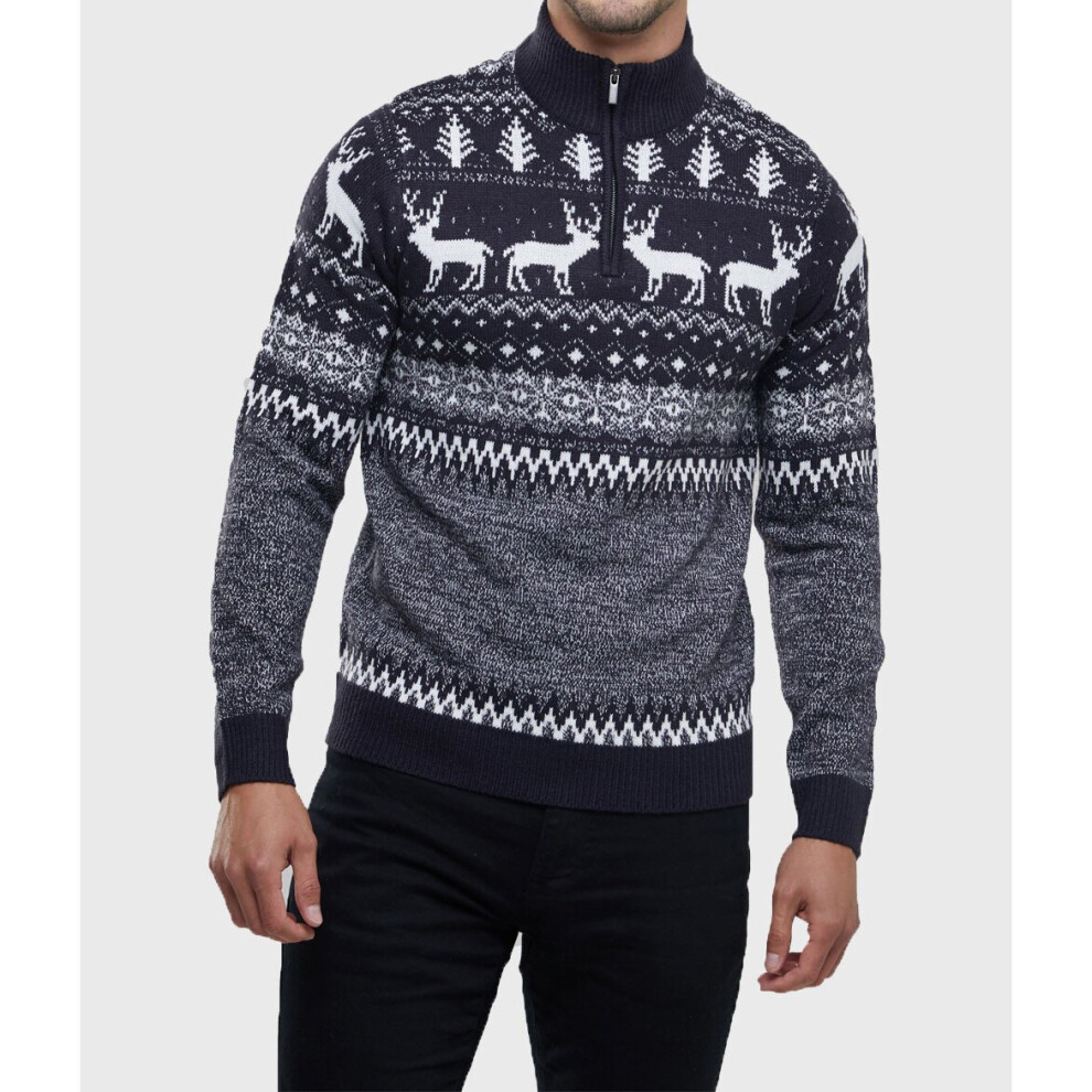 (L) Fairisle Reindeer Christmas 1/4 Zip Up Neck Men's Jumper 