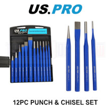 US PRO Tools 12pc Punch & Chisel Set Centre Long Tapered Punches Cold Chisels 7117