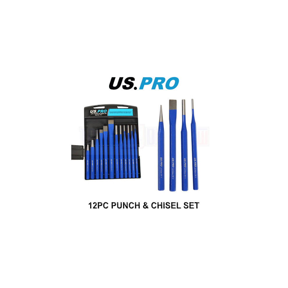 US PRO Tools 12pc Punch & Chisel Set Centre Long Tapered Punches Cold Chisels 7117