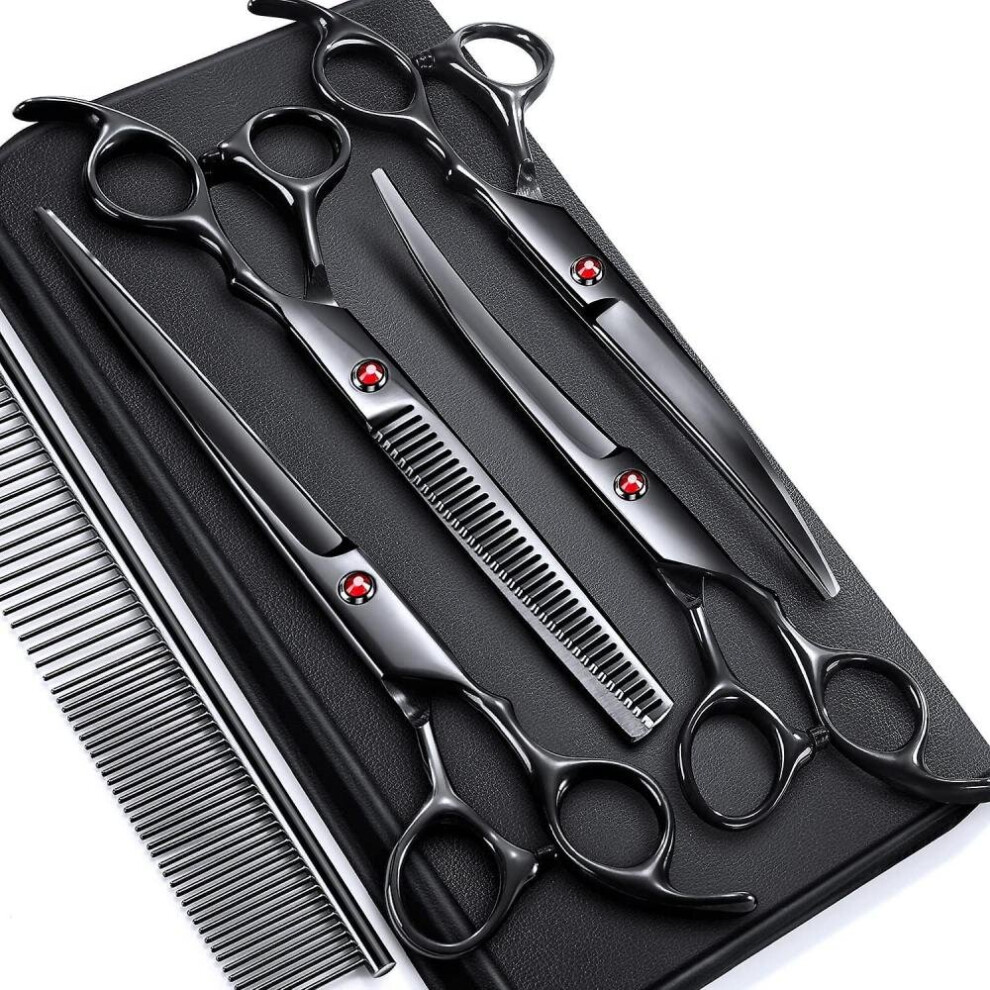 7.0in Stainless Steel 6 In 1 Professional Dog Grooming Scissors Kit, Heavy 4cr Titanium Coated Straight Thinning Curved Shears Comb Set For Dog