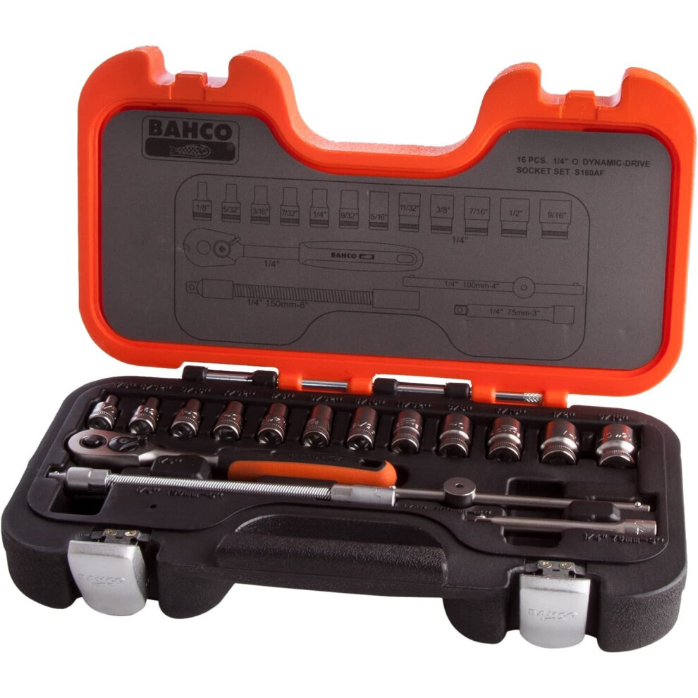 Bahco S160AF BHS160AF Socket Set, Multi-Colour, 1/4-Inch