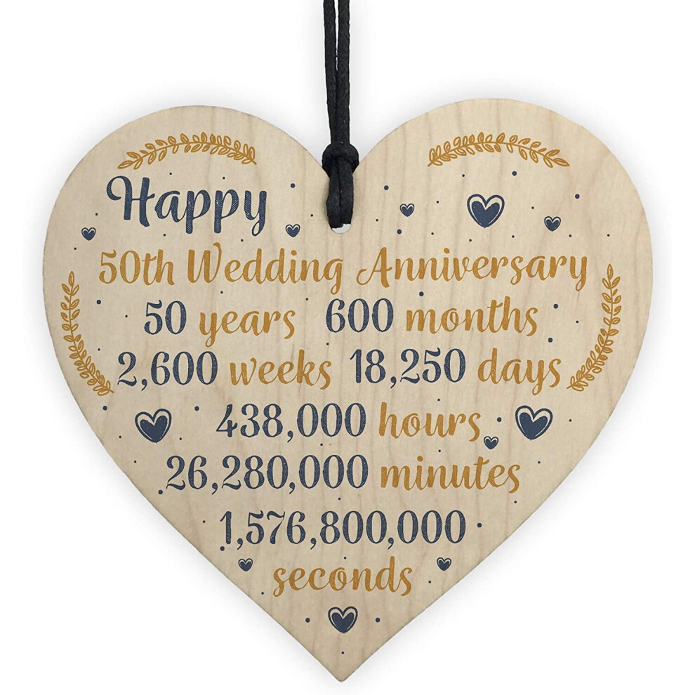 RED OCEAN Happy 50th Wedding Anniversary Sign Gift Wooden Heart Fifty Years Husband Wife Keepsake Gift Plaque