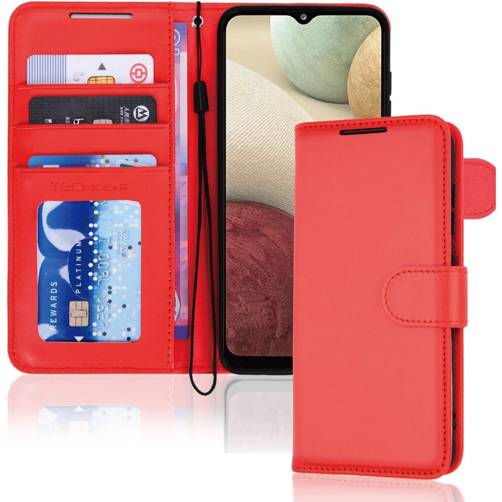 TECHGEAR Galaxy A12 Leather Wallet Case, Flip Protective Case Cover with Wallet Card Holder, Stand and Wrist Strap - Red PU Leather with Magnetic