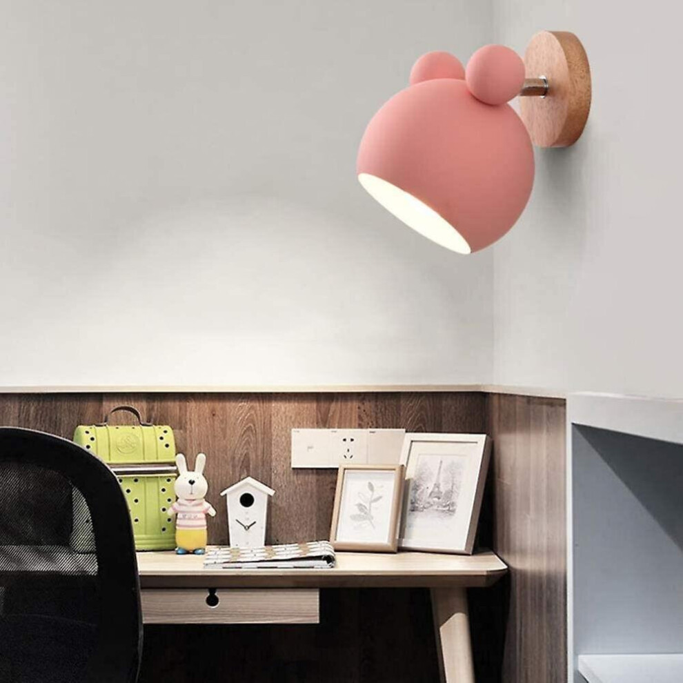 Nordic Style Cute Wooden Bear Indoor Wall Sconce Bedside Reading Lamp For Bedroom Living Room Kid's Room (pink)-image-OPC-P9WH79K-NEW