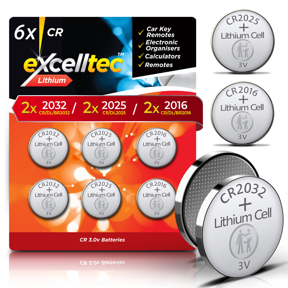 6 X Excelltec Cr2032/Cr2025/Cr2016 3V Lithium Coin Cell Batteries - Long-Life Assorted Pack 5055257893580