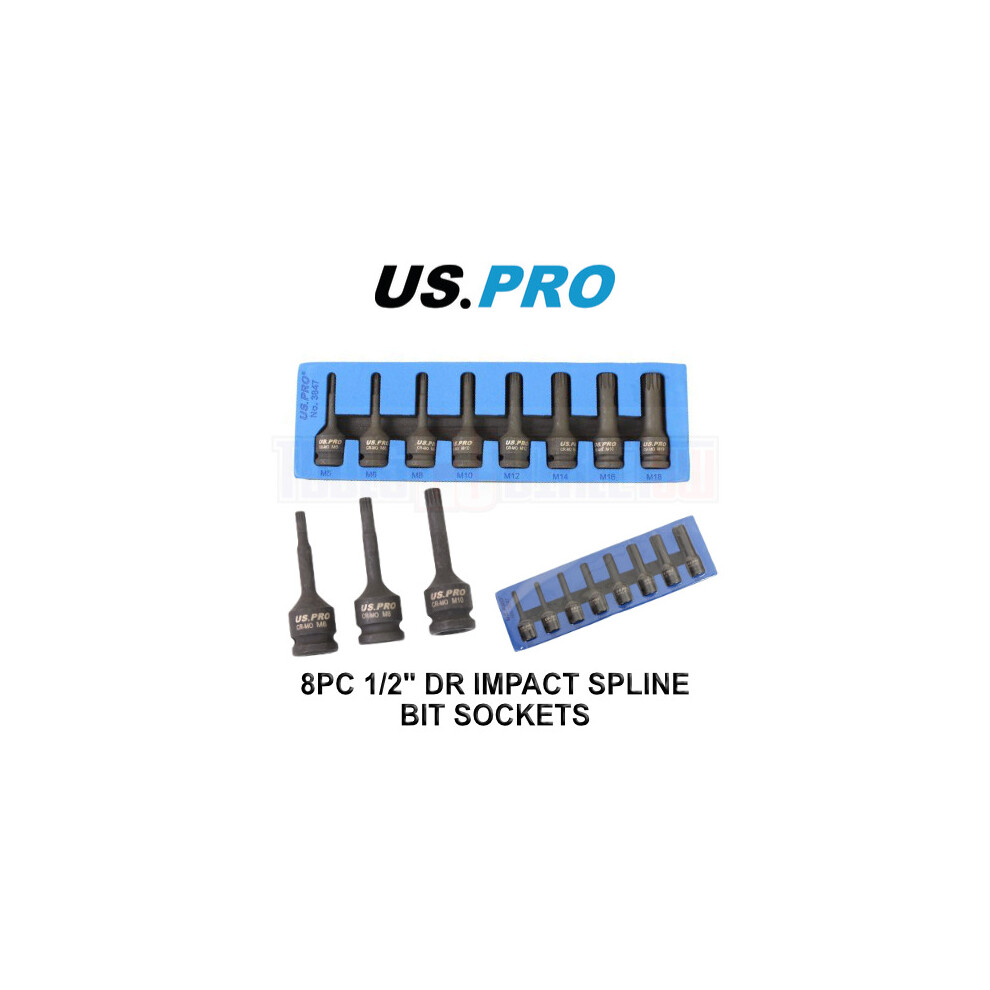 US PRO Tools 8pc 1/2" Drive Spline Bit Impact Socket Set M5 - M18 EVA foam 3847