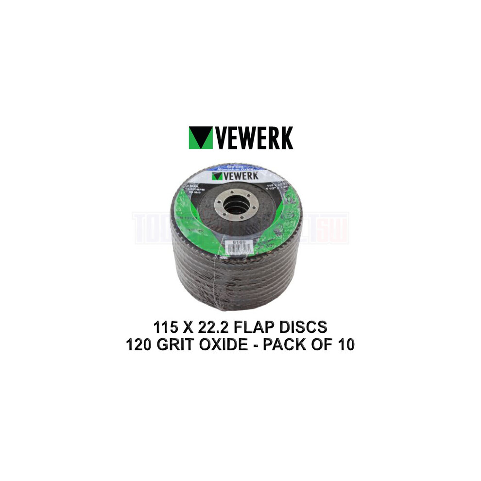 Vewerk Pack Of 10 120 Grit Oxide Flap Discs 115Mm X 22.2Mm 8169 5060599865072