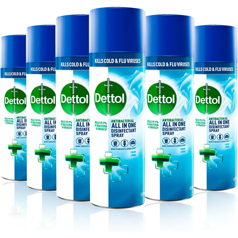 Dettol Antibacterial All-In-One All Purpose Disinfectant Spray Crisp Linen, 400ml, Multipack Of 6