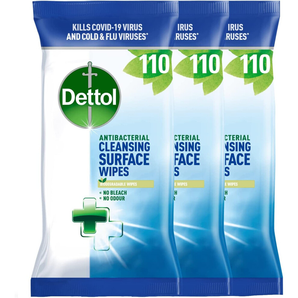 Dettol Antibacterial Biodegradable Surface Cleaning Disinfectant Wipes, Multipack (Packaging May Vary), 110 Count (Pack of 3)