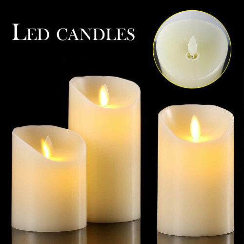 3 Set Flickering LED Candles Real Wax Battery Powered Lights Remote Control 1