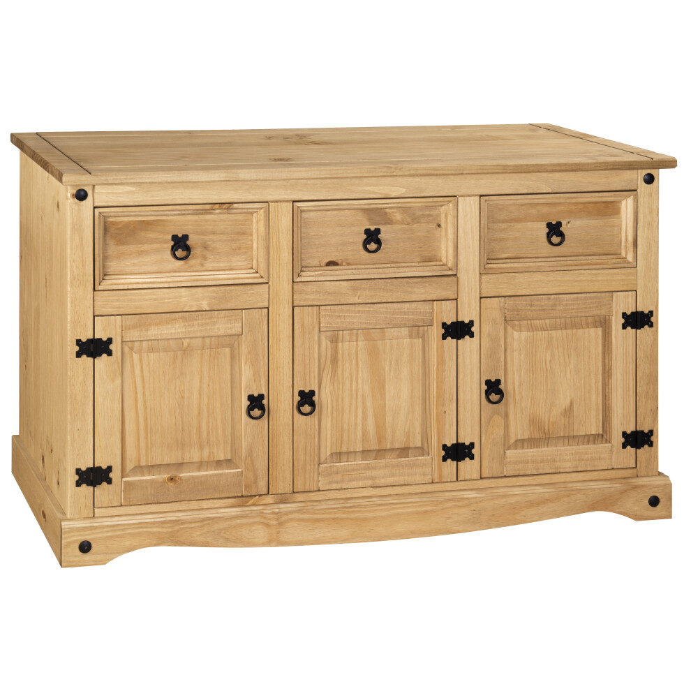 Corona Sideboard 3 Door Solid Distressed Waxed Pine Mexican Style 3 Door 3 Drawer Cupboard