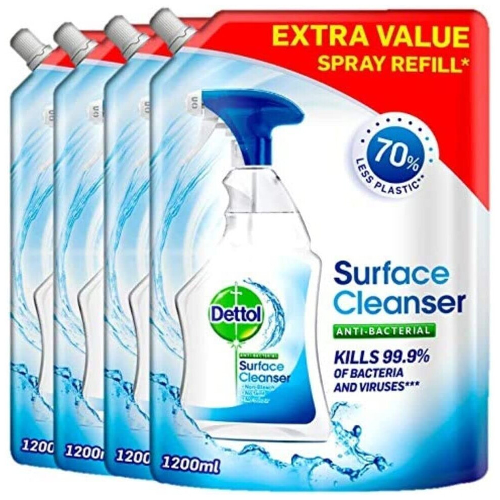 Dettol Refill Antibacterial All Purpose Surface Disinfectent Cleaning Spray, 1.2 Litre, Multipack Of 4 (Packagaing May Vary)