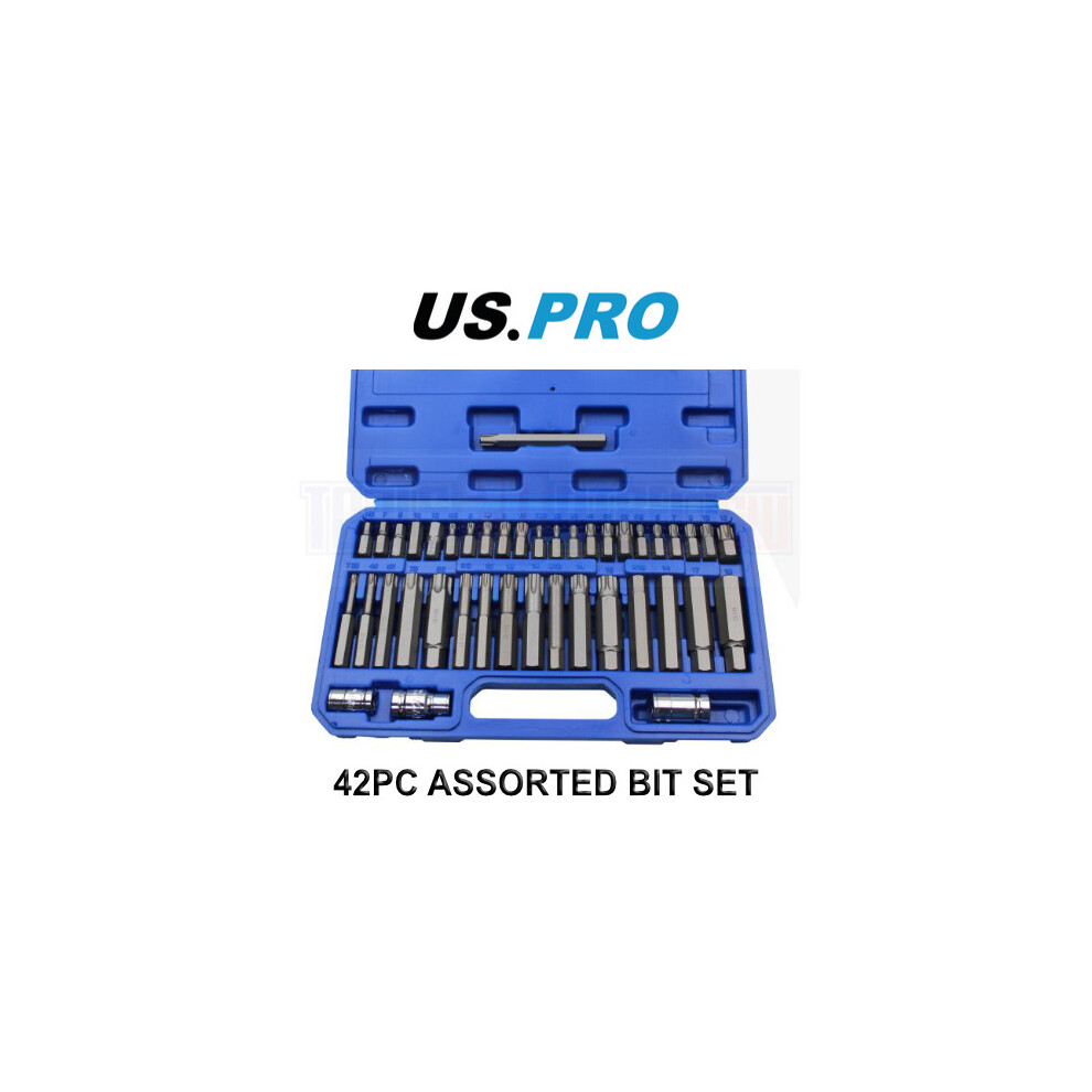 US PRO Tools 42pc Bit Set Hex, Allen, Torx, Star, Spline Bit Sockets 3/8" & 1/2" DR 2291