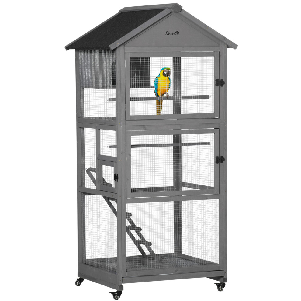 PawHut Bird Cage Wooden Aviary for Canary Cockatiel Parrot w/ Wheels Tray