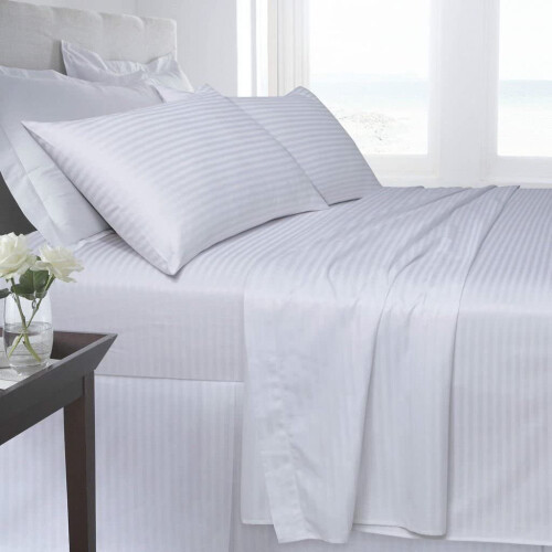 (Double Fitted Sheet, White Stripes) Egyption Cotton Flat Sheets & Fitted Bed Sheets