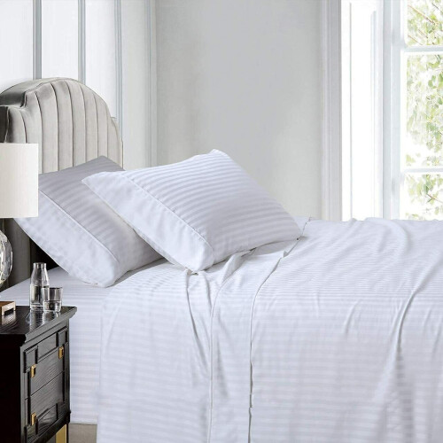 (Double Fitted Sheet, White Stripes) Egyption Cotton Flat Sheets & Fitted Bed Sheets 1