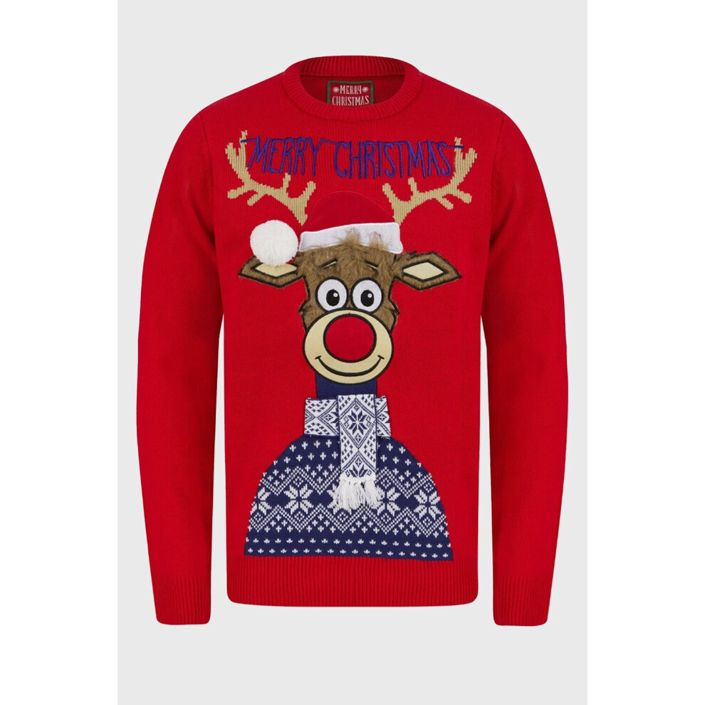 (XL) 3D Rudolph Jacquard scarf & pom pom Red Unisex Christmas Jumper