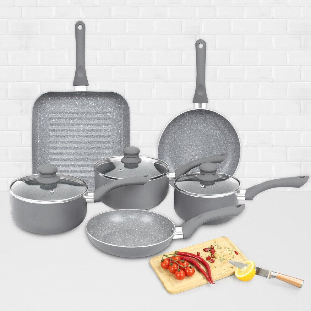 Aluminium 9 Pc Grey Marble Non Stick Pan Set Induction Frying Grill Saucepan Pot