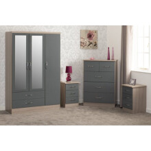 Nevada 4 Piece Grey Gloss Bedroom Set - 3 Door 2 Drawer Mirrored Wardrobe, 5 Drawer Chest & 2 x 3 Drawer Bedside