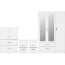 Nevada 4 Piece White Gloss Bedroom Set - 3 Door 2 Drawer Mirrored Wardrobe, 5 Drawer Chest & 2 x 3 Drawer Bedside