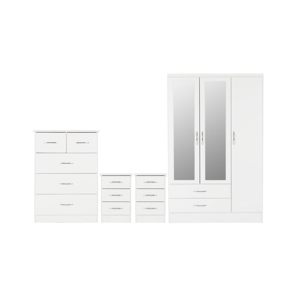 Nevada 4 Piece White Gloss Bedroom Set - 3 Door 2 Drawer Mirrored Wardrobe, 5 Drawer Chest & 2 x 3 Drawer Bedside