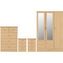 Nevada 4 Piece Sonoma Oak Bedroom Set - 3 Door 2 Drawer Mirrored Wardrobe, 5 Drawer Chest & 2 x 3 Drawer Bedside
