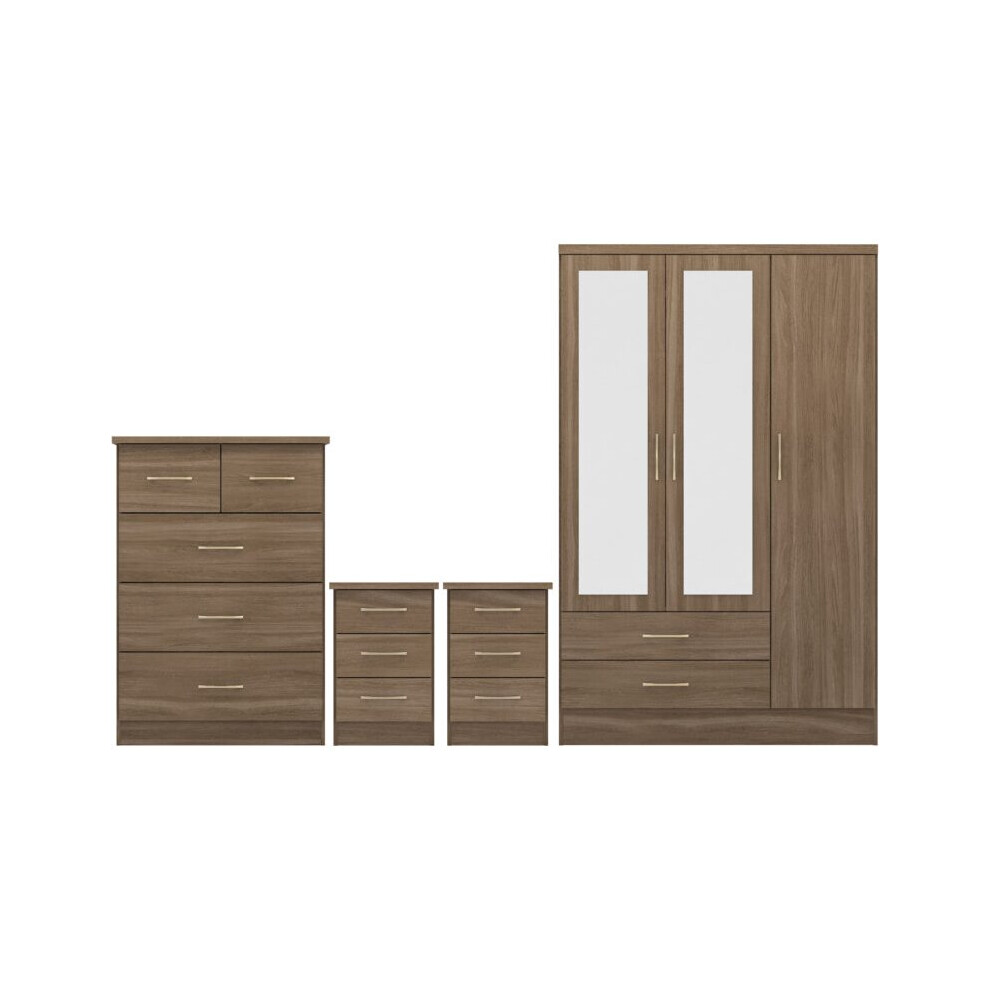 Nevada 4 Piece Rustic Oak Bedroom Set - 3 Door 2 Drawer Mirrored Wardrobe, 5 Drawer Chest & 2 x 3 Drawer Bedside