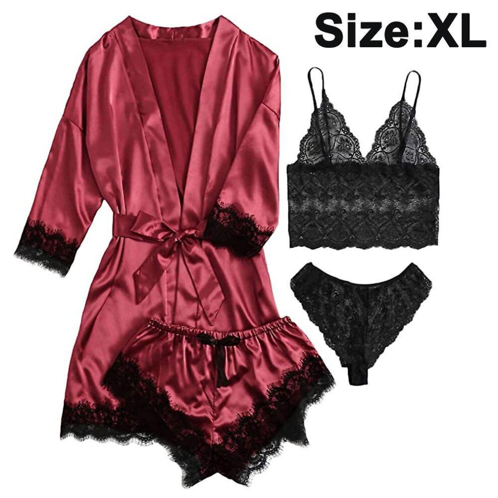 4 Pieces Women's Satin Floral Lace Cami Top Lingerie Pajama Set With Robe Dressing Gown Kimono Lingerie Set Satin Pyjamas Lace Robe Bra