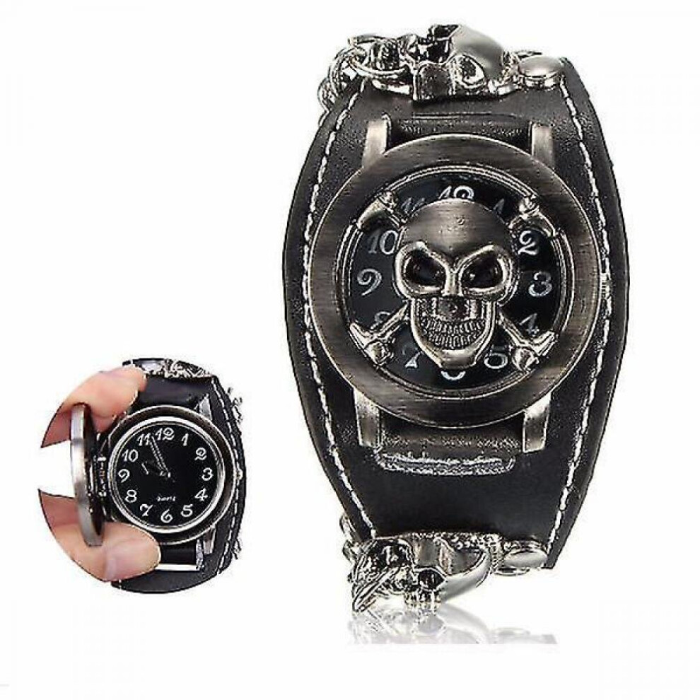 Vintage Punk Gothic Skull Case Leather Band Men Bracelet Quartz Wrist Watch