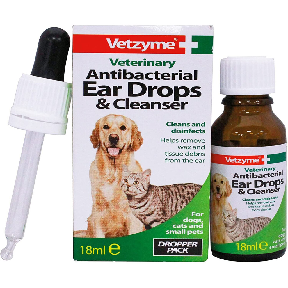 Vetzyme | Antibacterial Dog Ear Drops, also Suitable for Cats & Small Pets | Fights infection & Soothes Irritation (18ml)