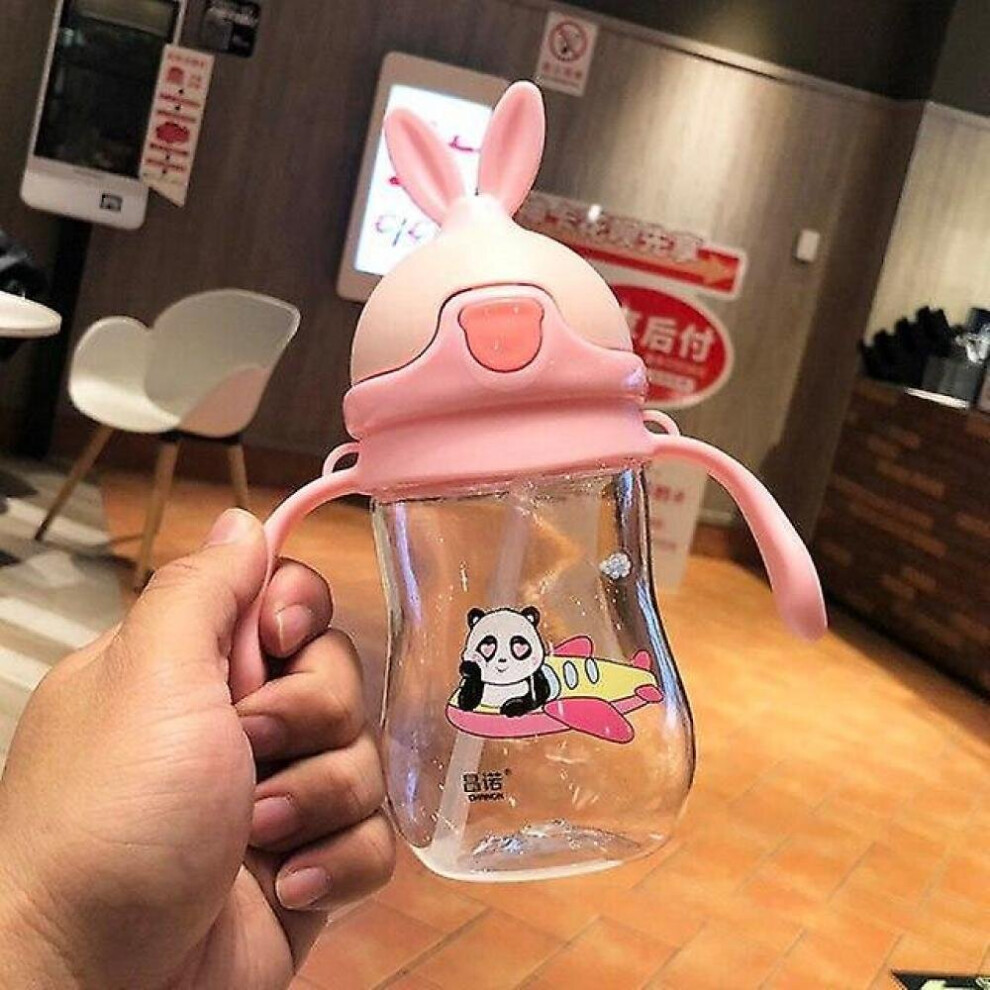 Cartoon Portable Baby Feeding Water Drink Straw Water Bottle Sippy Cup With Handle(Pink) Pink Hkhbjs