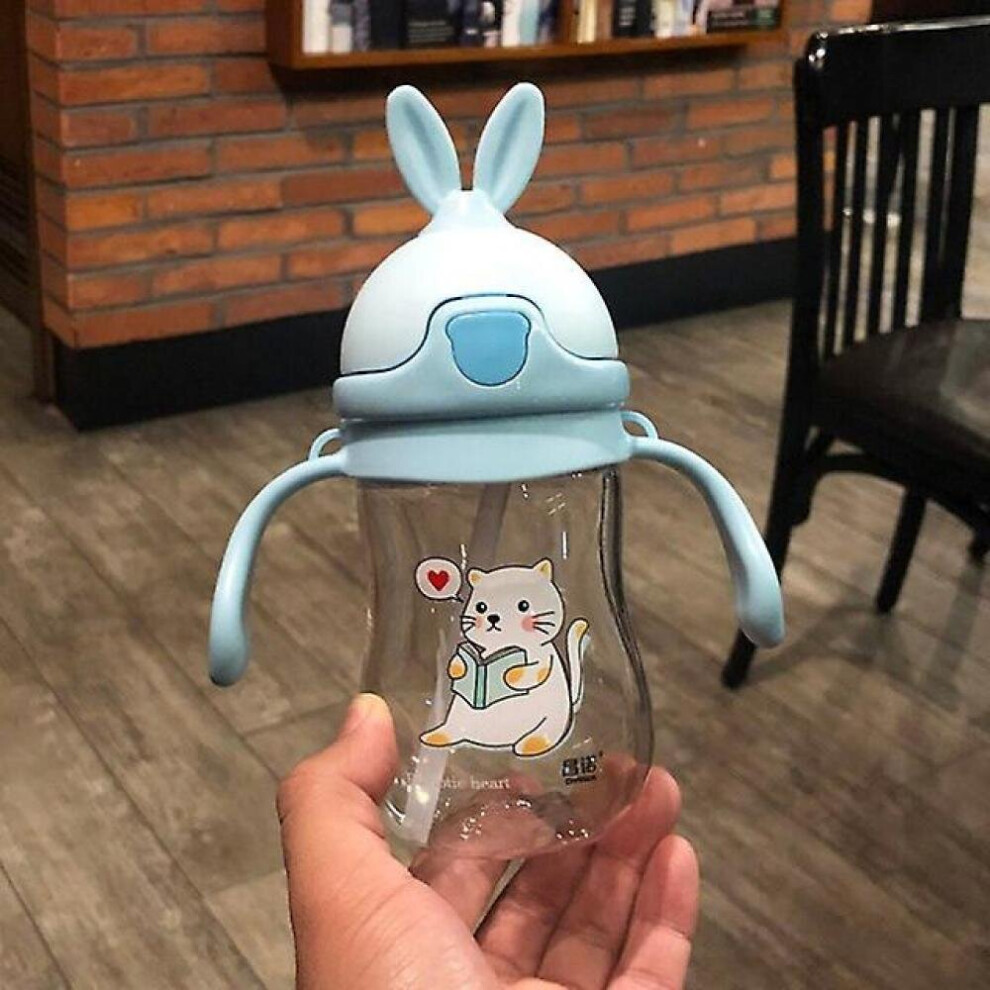 Cartoon Portable Baby Feeding Water Drink Straw Water Bottle Sippy Cup With Handle(Blue) Blue Hkhbjs