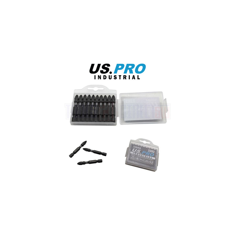 Us Pro Industrial 10-Piece Ph2 50Mm Impact Torsion Bits (2282) - 1/4In Hex, Magnetic Tip, S2 Steel, Hrc60-61, Phosphate Black