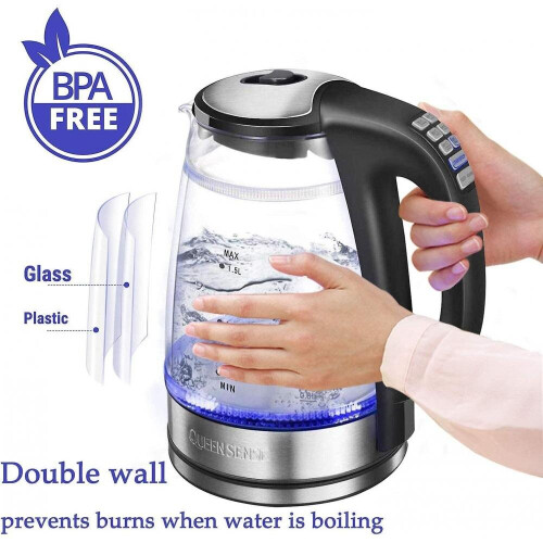 Electric Water Kettle Glass Double Wall Temperature Control Cordless With Blue Led Light 1