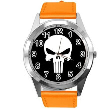 Orange Leather Round Watch for Fans of Skull