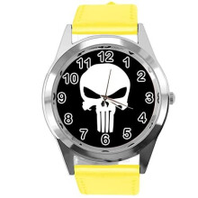Yellow Leather Round Watch for Fans of Skull