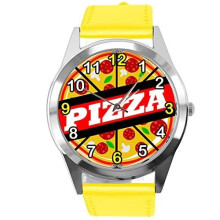 Yellow Leather Round Watch for Fans of Pizza