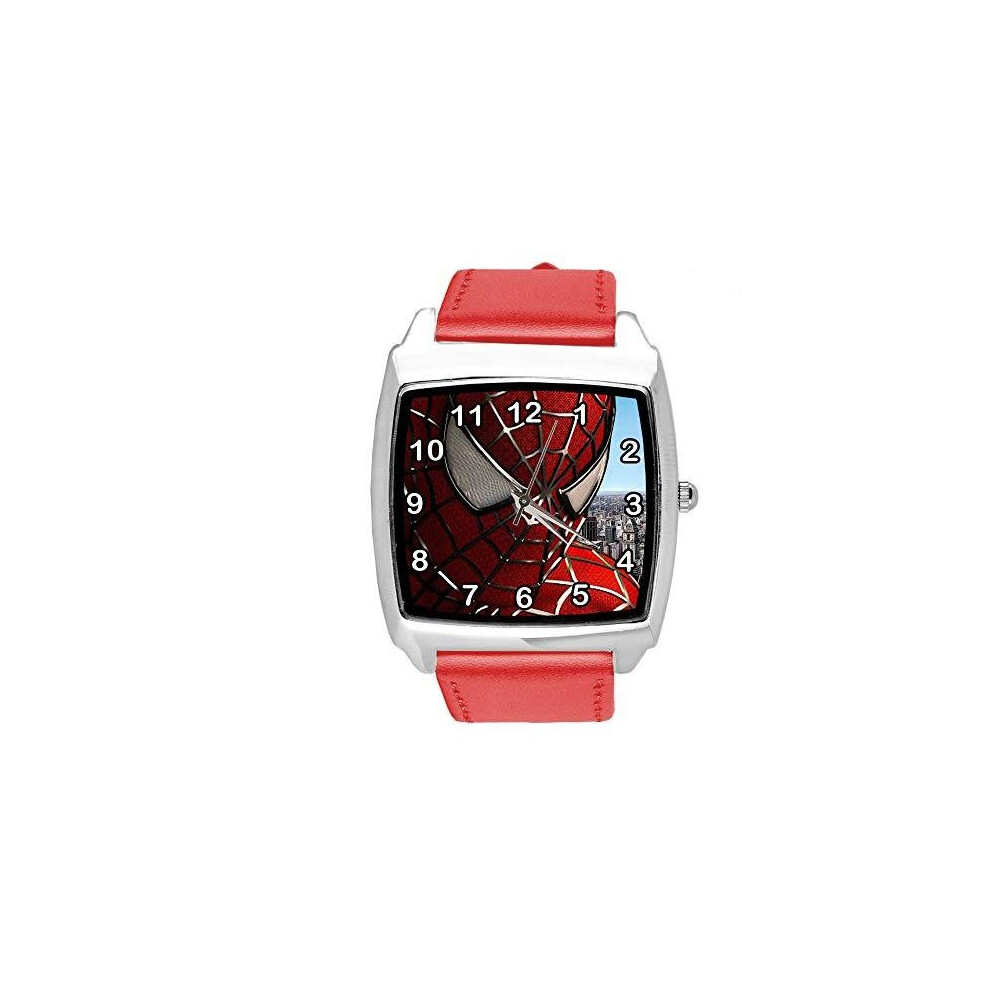 Photos - Wrist Watch Red Leather Square Watch for Fans of Superheroes e1