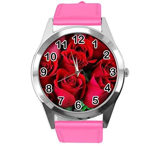 Hot Pink Leather Round Watch for Flowers Fans e2