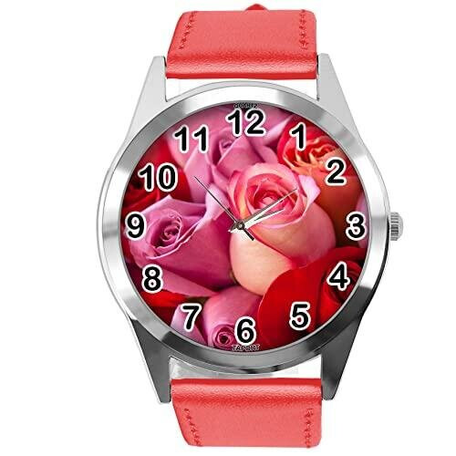 Red Leather Round Watch for Flowers Fans e3