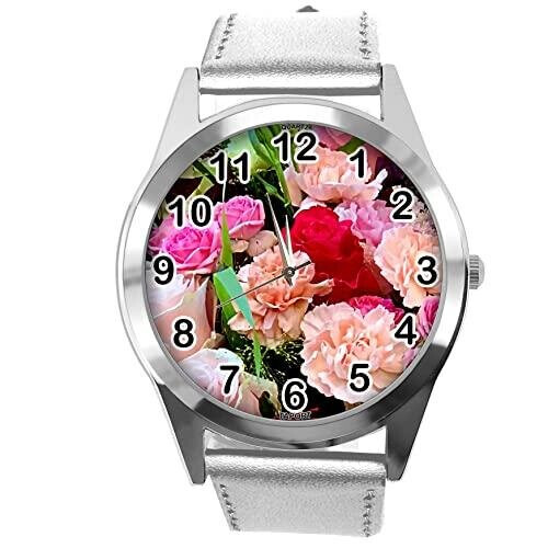 Silver Leather Round Watch for Flowers Fans e4