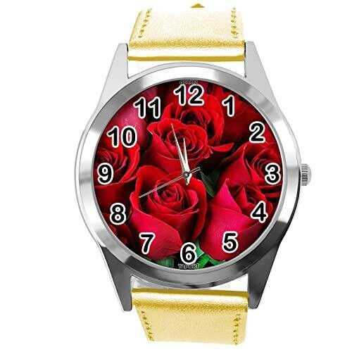 Gold Leather Round Watch for Flowers Fans e2