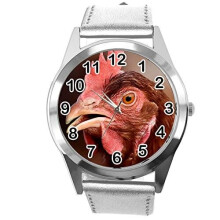 Silver Leather Round Watch for Fans of Chicken