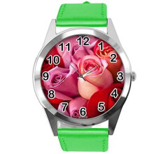 Green Leather Round Watch for Flowers Fans e3