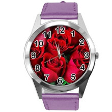 Purple Leather Round Watch for Flowers Fans e2